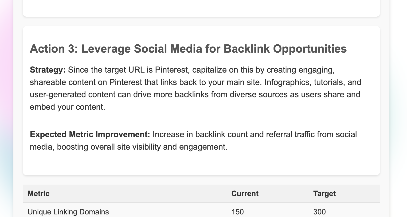 backlink report item suggesting using social media for backlink growth