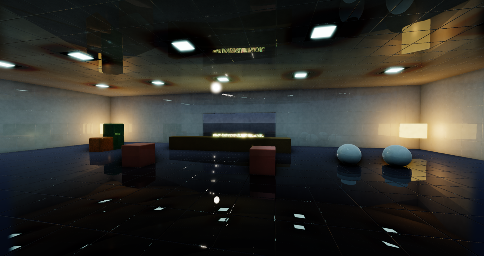 an obsidian room at night with a nebula stone fireplace and lanterns