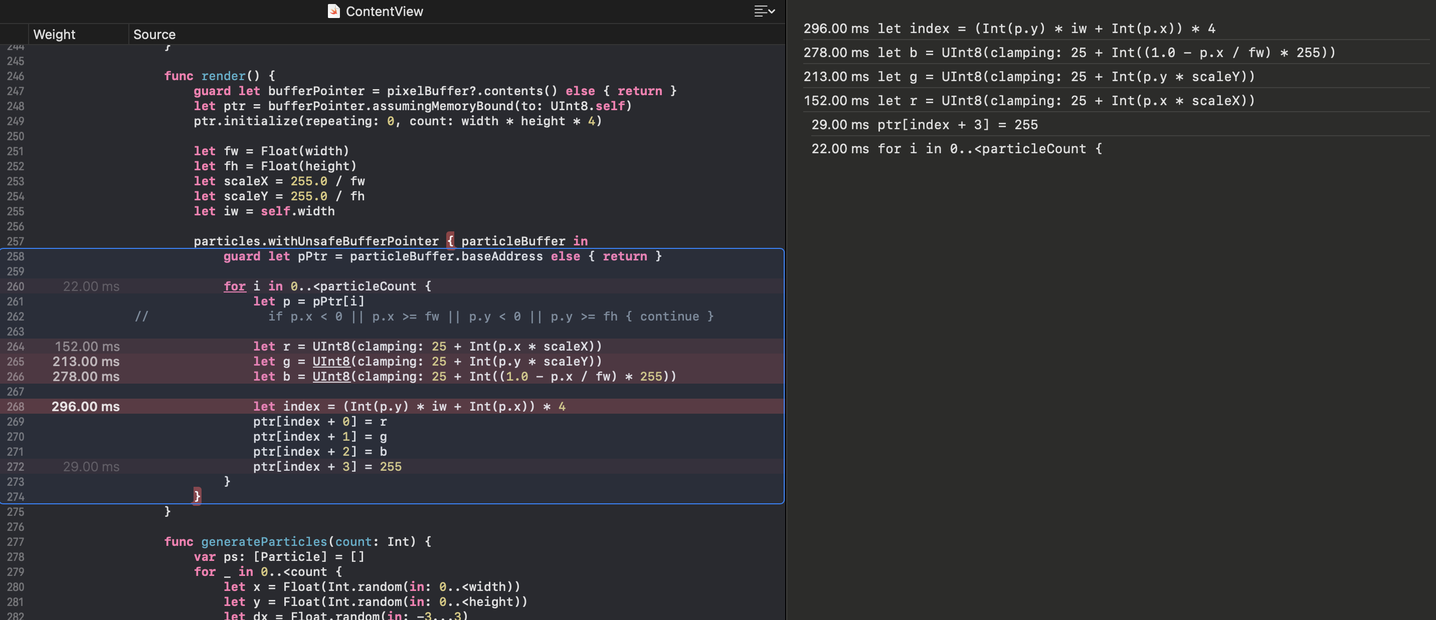 apple profiler source view showing line by line breakdown